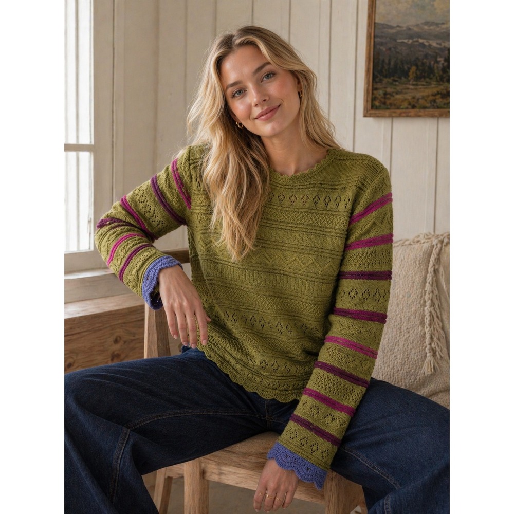 OLEANA 100% Alpaca‎ Wool Sweater Norway Women V-neck Tunic Green Stripe M Boho